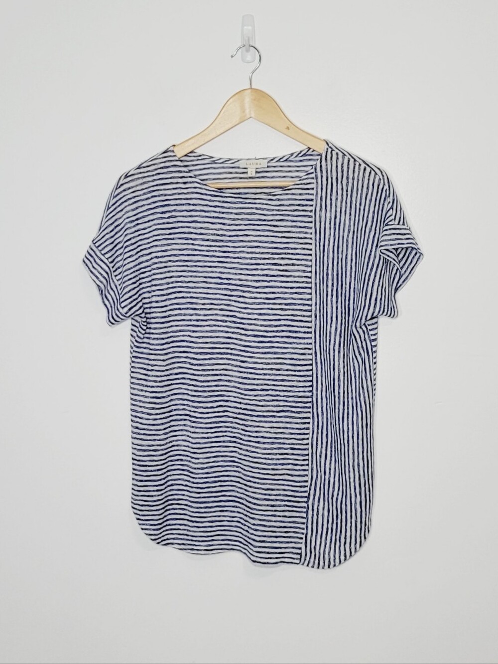 Laura Blue White Nautical Strips Short Sleeve Loose Fit Top Size Medium